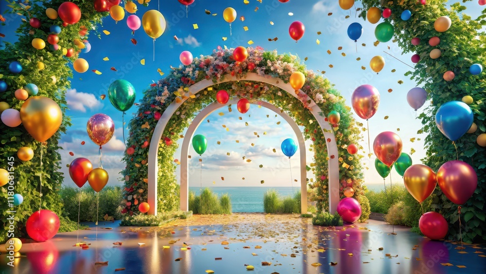 Fototapeta premium Festive Archway with Colorful Balloons and Confetti, Ideal for Celebrations and Special Occasions