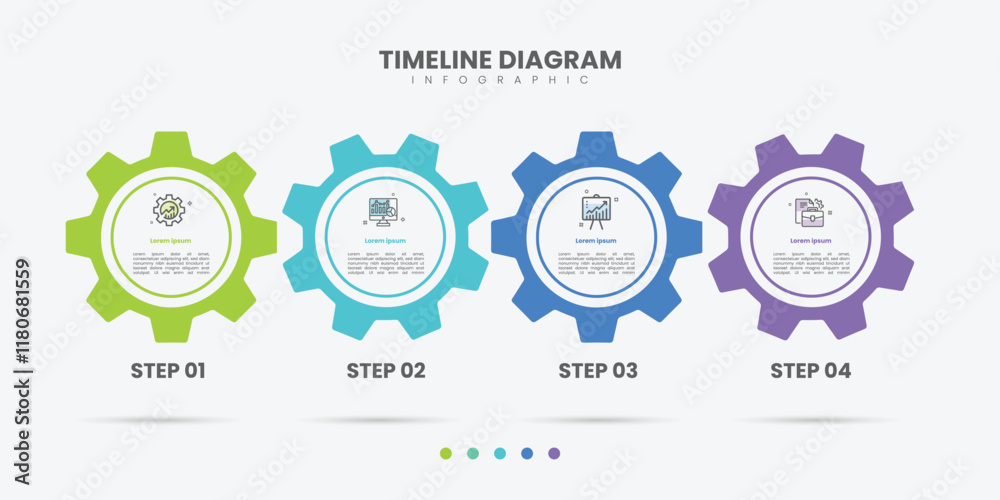 Business infographic template. 4 Step timeline journey. Process diagram, 4 options gear on white background, Infograph elements