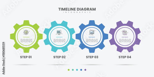 Business infographic template. 4 Step timeline journey. Process diagram, 4 options gear on white background, Infograph elements