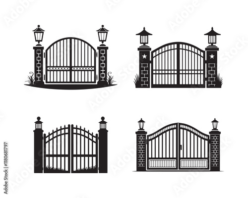 Set of Gate silhouette vector design on white background. Elegant wrought iron gates with lanterns on brick pillars, classic entrance design for homes and estates