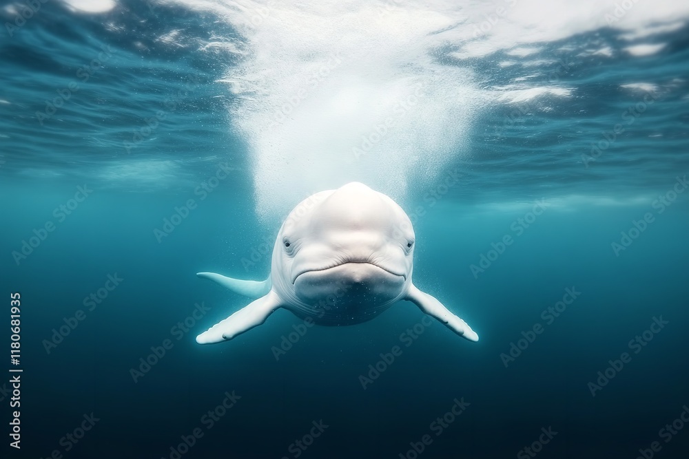 Fototapeta premium A beluga whale swims elegantly beneath the surface, surrounded by clear blue water and gentle bubbles rising around it. The scene captures the beauty of marine life