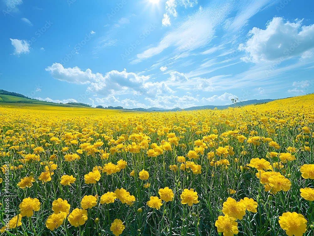 Fototapeta premium Vibrant Canola Flower Meadow Under Cloudy Blue Sky Peaceful Countryside Landscape
