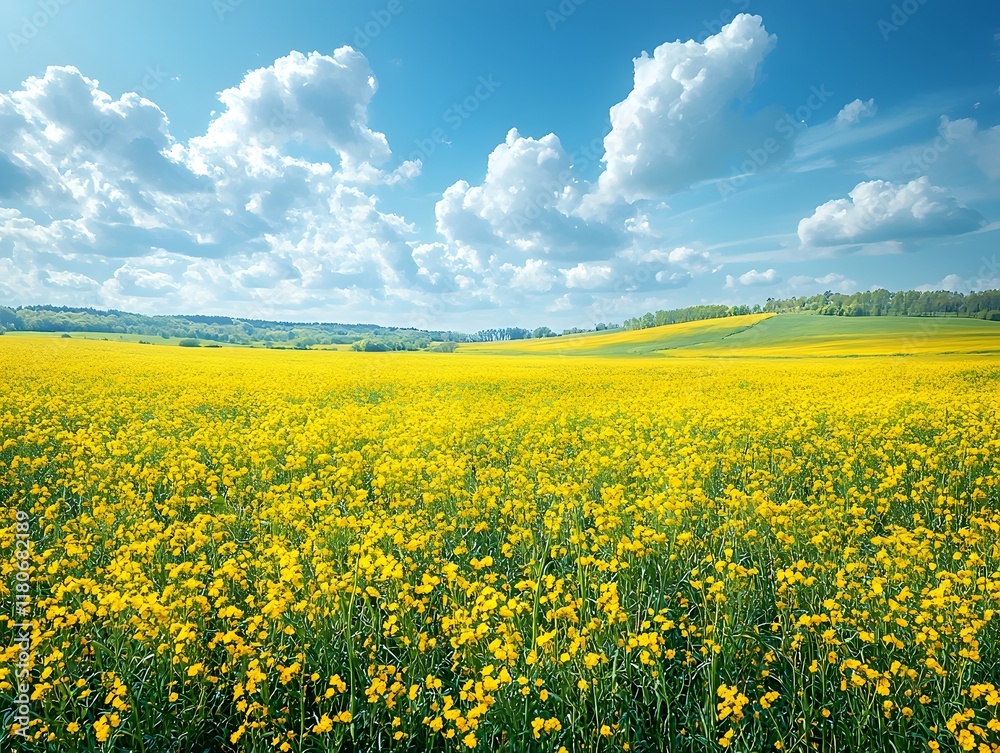 Obraz premium Serene Meadow of Blooming Yellow Canola Flowers Under Cloudy Blue Sky
