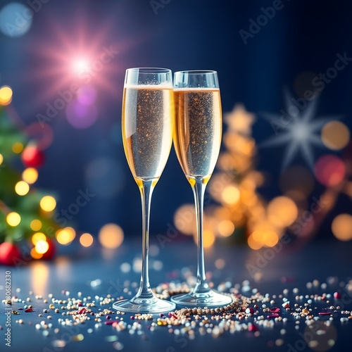 festive banner chiaroscuro lighting, two champagne glasses onHigh-resolution stock photo rich burgundy and deep blue festive banner.Tight close-up shot festive banner, two champagne glasses on dark photo