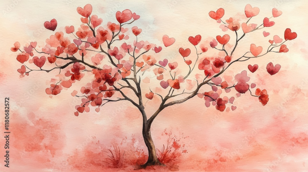 Fototapeta premium Beautiful Painted Tree with Heart-Shaped Leaves in Soft Brown Tones