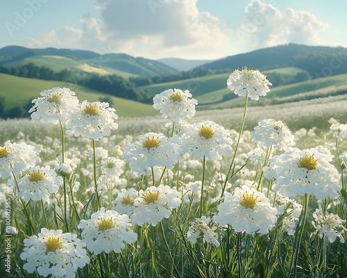 Serene Meadow with Delicate Queen Anne s Lace Blooms Swaying in the Wind and Rolling Hills in the Background photo