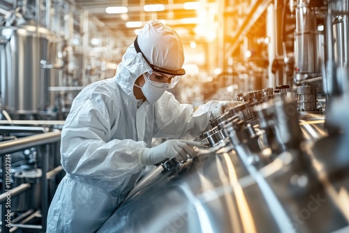 Technician in sterile suit operates industrial equipment. Image depicts pharmaceutical or biotech manufacturing process.