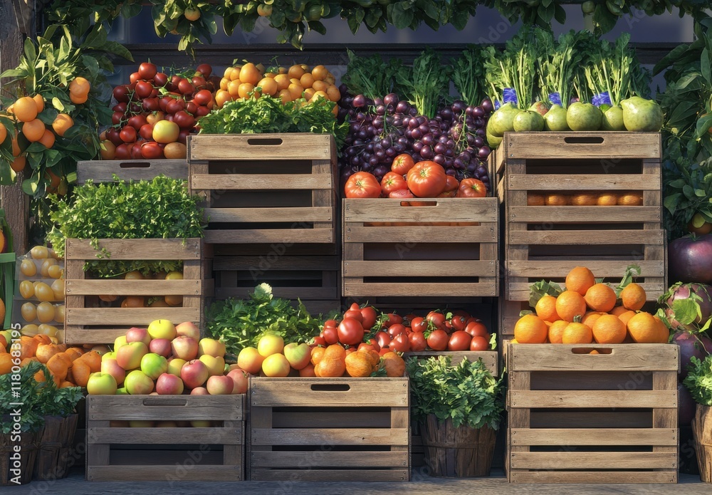 Vibrant Display of Fresh Fruits and Vegetables in Wooden Crates at a Market Emphasizes Healthy Lifestyle and Organic Farming Practices Vibrant Display of Fresh Fruits and Vegetables in Wooden Crates at a Market Emphasizes Healthy Lifestyle and Organic Farming Practices