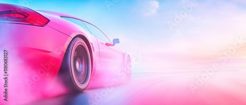 A pink car is driving down a road with a pink background