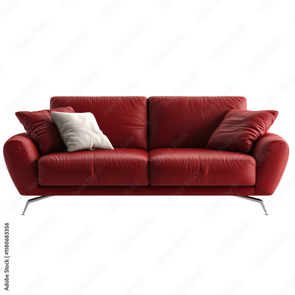 Fototapeta premium Luxurious Red Leather Sofa Adorned with Soft Pillows in Elegant Living Room Setting Evoking Comfort and Style isolated on a white background