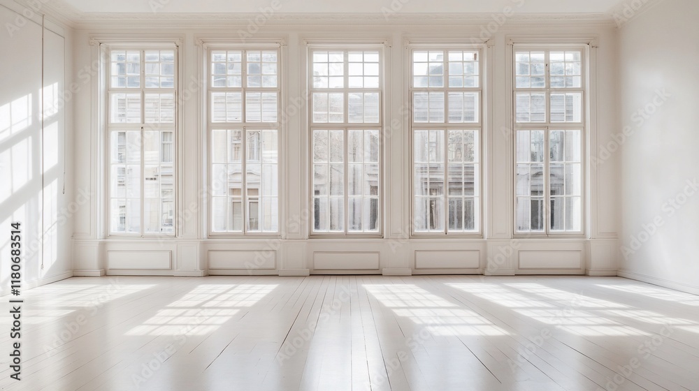 Sunlit empty room with large windows and white walls. Sunlit empty room with large windows and white walls.