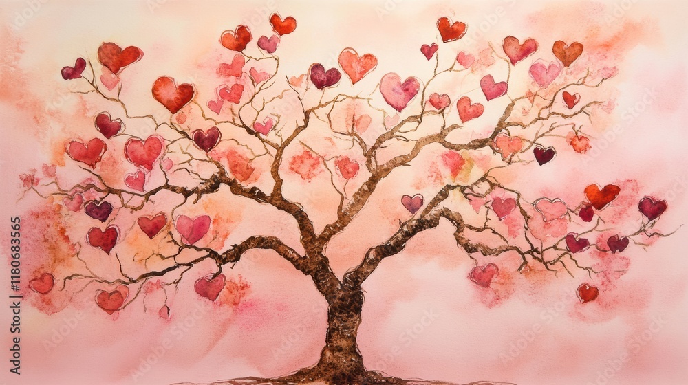 Fototapeta premium Artistic Tree with Heart-Shaped Leaves in Soft Brown Tones