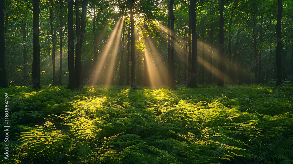 Obraz premium Sunbeams illuminating a fern-covered forest floor.