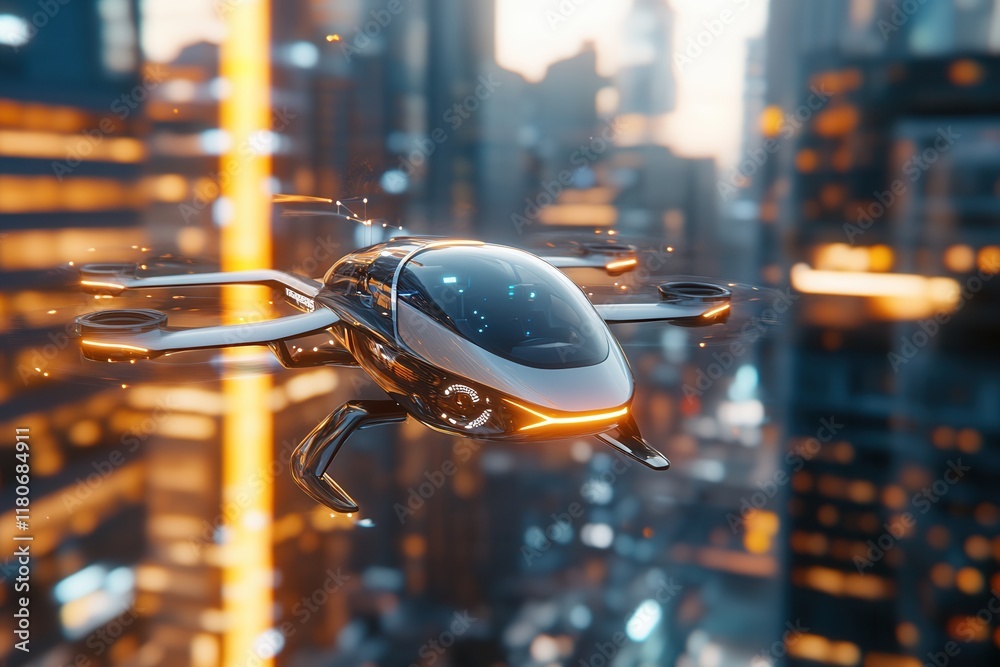 A sleek futuristic flying vehicle glides above a bustling modern cityscape, showcasing innovation, sustainability and the future of urban mobility. A sleek futuristic flying vehicle glides above a bustling modern cityscape, showcasing innovation, sustainability and the future of urban mobility.