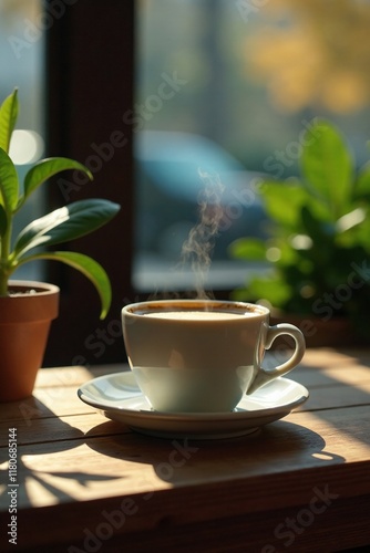 Aromas of freshly brewed coffee waft from a small wooden table, wood, furniture