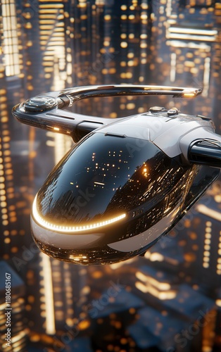 A sleek futuristic flying vehicle glides above a bustling modern cityscape, showcasing innovation, sustainability and the future of urban mobility. photo