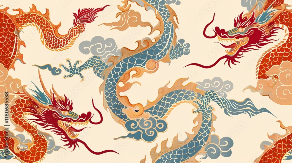 Obraz premium chinese dragon seamless pattern wallpaper