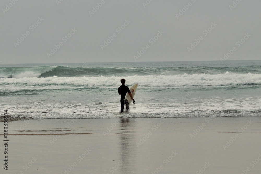 Naklejka premium surfer walking into the waves