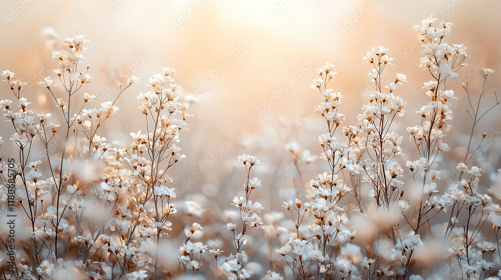 Soft sunlight illuminating delicate white wildflowers in a field. Soft sunlight illuminating delicate white wildflowers in a field.