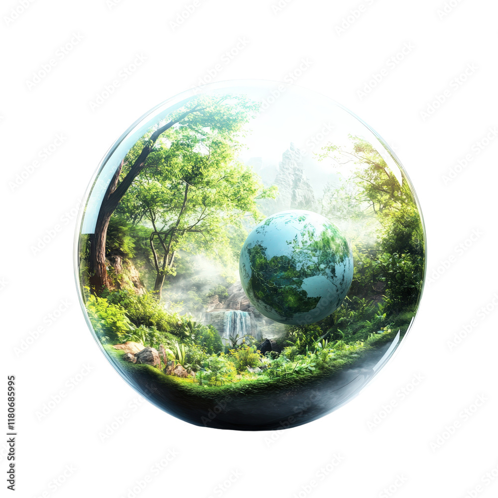 Enchanting Sphere Displaying Lush Forest and Cascading Waterfall Creating a Tranquil Atmosphere of Natural Beauty isolated on a white background Enchanting Sphere Displaying Lush Forest and Cascading Waterfall Creating a Tranquil Atmosphere of Natural Beauty isolated on a white background