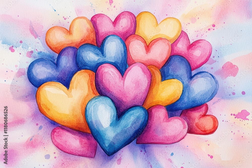 Fototapeta premium Vibrant Hand-Painted Watercolor Hearts with Colorful Burst Effect