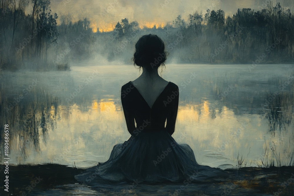 Obraz premium Woman in black dress sits by misty lake.