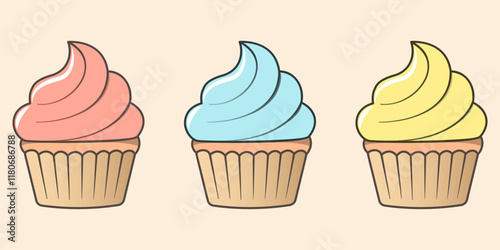 Art & IllustrationIllustration of cupcakes with pastel frosting, featuring smooth, swirled icing and a classic golden-brown base. Perfect for bakery branding, dessert design, or party decorations
 photo