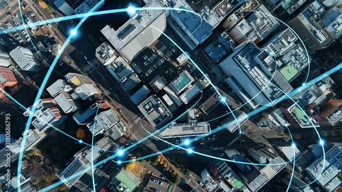 network, city, society, drone, aerial view, bird eye view, future, progress, evolution, advancement, innovation, construction, connection, technology, iot, lpwa, 5g, 6g, haps, dtc, smart city, data, w