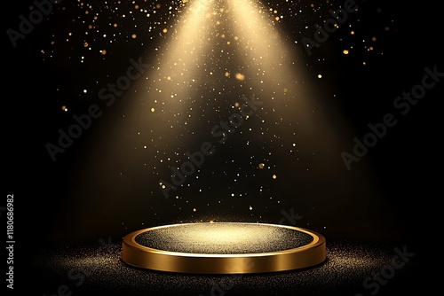 Gold podium with circular frame on a black background for an award ceremony, presentation, or luxury promotion concept. Vector illustration of a golden stage pedestal podium in a round shape,