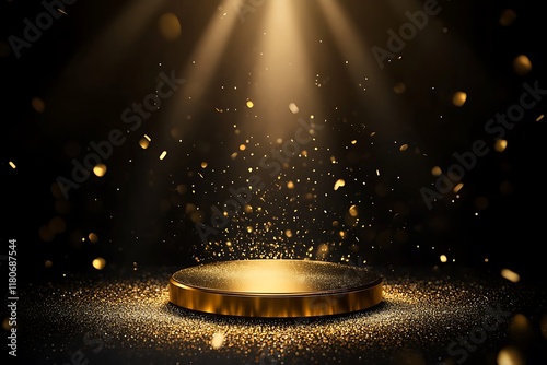 Gold podium with circular frame on a black background for an award ceremony, presentation, or luxury promotion concept. Vector illustration of a golden stage pedestal podium in a round shape,