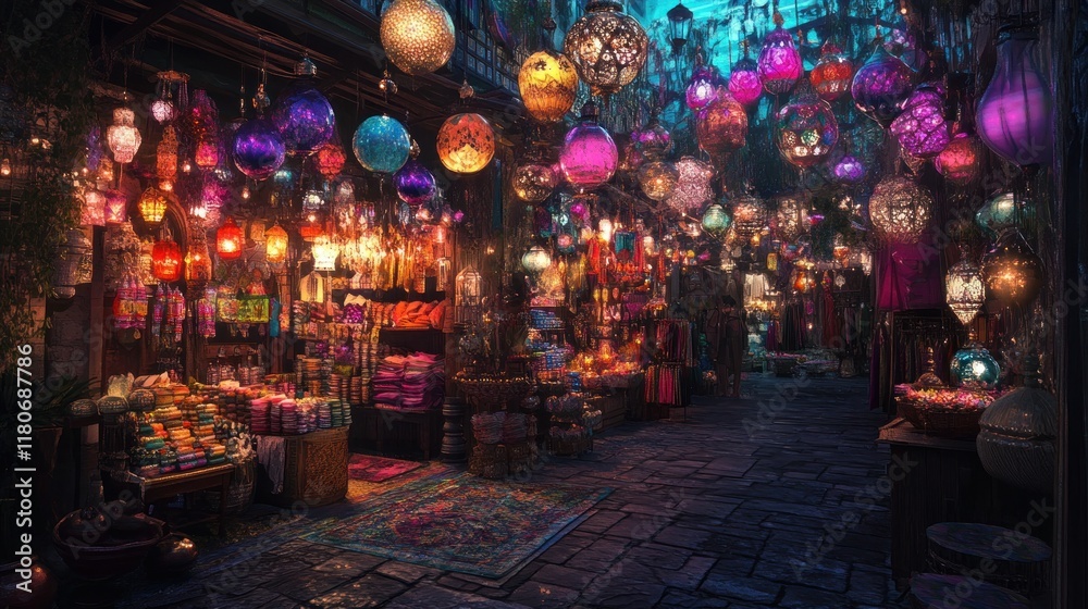 Obraz premium Colorful lanterns illuminate a vibrant night market alley.
