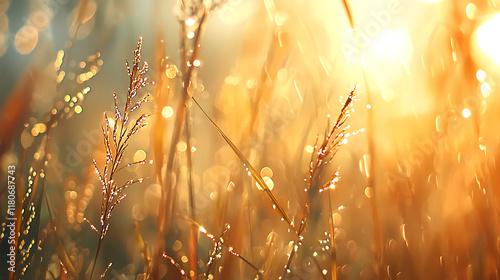 close up of morning dew evaporating from grass blades, illuminated by sunlight, creates serene and tranquil atmosphere photo