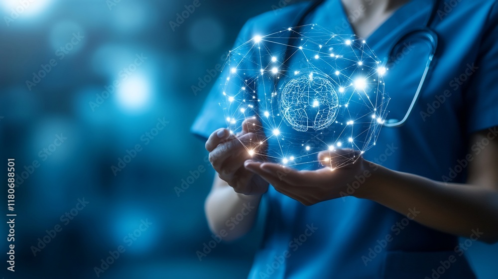 Fototapeta premium Doctor's hands holding a digital brain network.