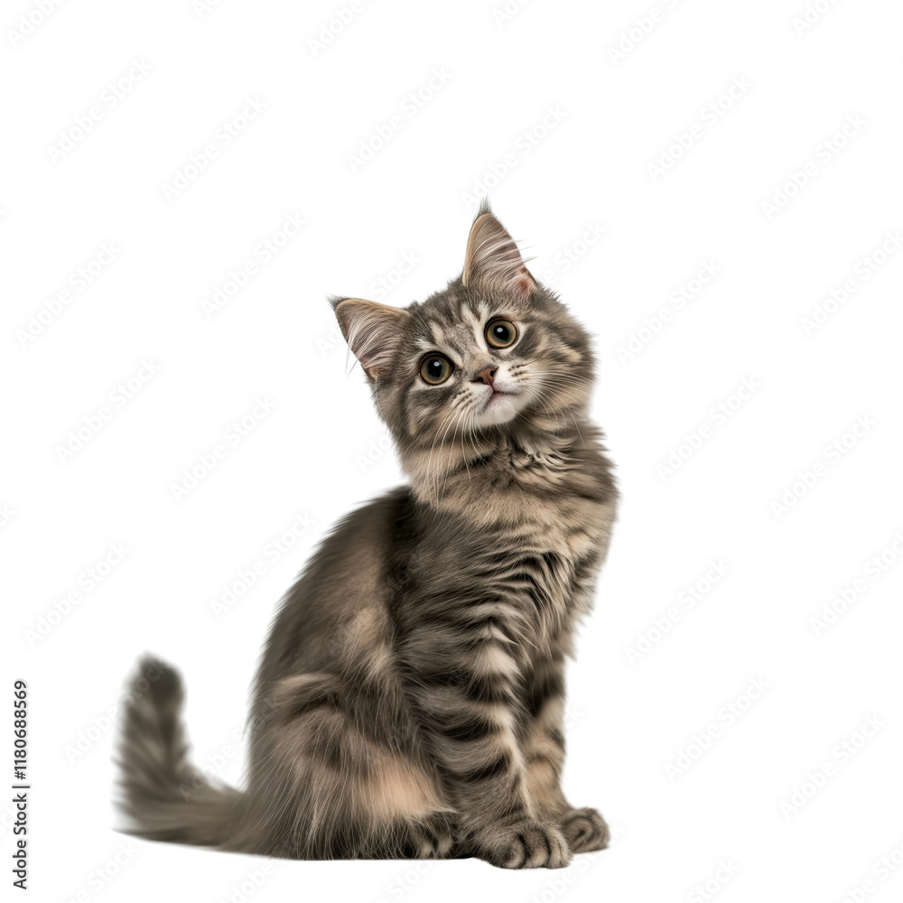 Obraz premium Curious Kitten Sitting on Floor Gazing Upward with Big Bright Eyes in a Cozy Indoor Setting Evoking Playfulness and Joy isolated on a white background