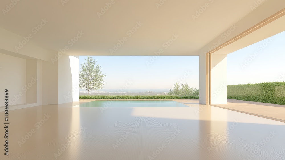 Fototapeta premium A large open room with a pool and a tree outside
