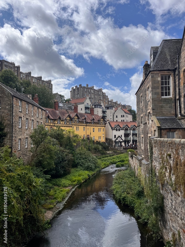 Fototapeta premium Charming riverfront village with historic architecture