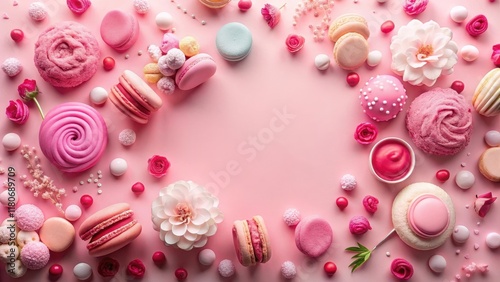 Pink Sweets and Floral Frame A Delightful Arrangement of Macarons, Marshmallows, and Delicate Flowers on a Pink Background
