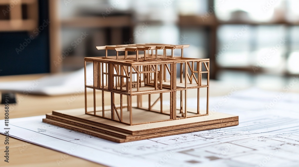 Wooden architectural model on blueprints. Wooden architectural model on blueprints.