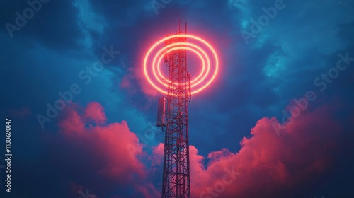 3d illustration of mobile telecommunication cell tower with golden hour view sky background