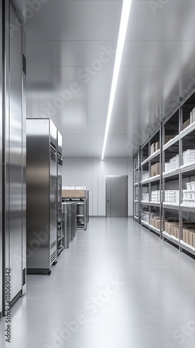 Cold storage warehouse interior; shelving, refrigerators, clean floor. Use Food safety, logistics photo