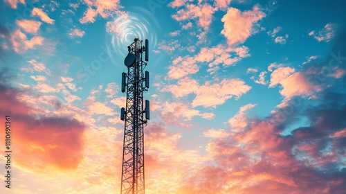 3d illustration of mobile telecommunication cell tower with golden hour view sky background