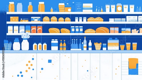 Flat Illustration of Grocery Store Shelves with Food and Drinks