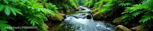 Mountain stream winds through dense fern growth, tropical, forest, lush