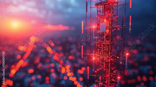 3d illustration of mobile telecommunication cell tower with golden hour view sky background