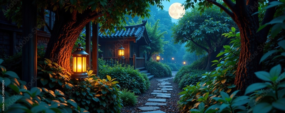 Overgrown garden with glowing lanterns and vines, garden, moonlit, twilight Overgrown garden with glowing lanterns and vines, garden, moonlit, twilight