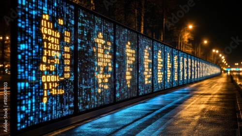 Illuminated digital code wall at night.
