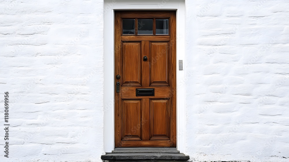 A simple wooden door with a single clear glass panel, framed by white walls. A simple wooden door with a single clear glass panel, framed by white walls.