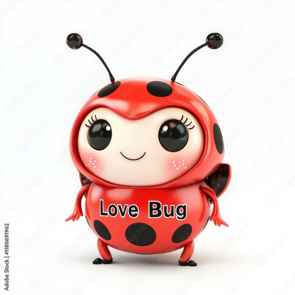 Obraz premium Red Love Bug with black polka dots, charming 3D cartoon, isolated.