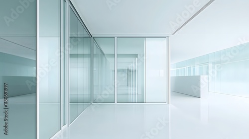 A contemporary sliding door with glass panels and white metal framing, set in a minimalist room.