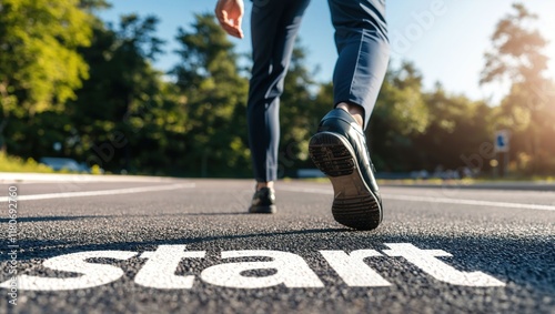 A determined individual approaches the start line on a sunlit path, symbolizing new beginnings, aspirations, and the courage to embark on challenging journeys ahead with purpose.